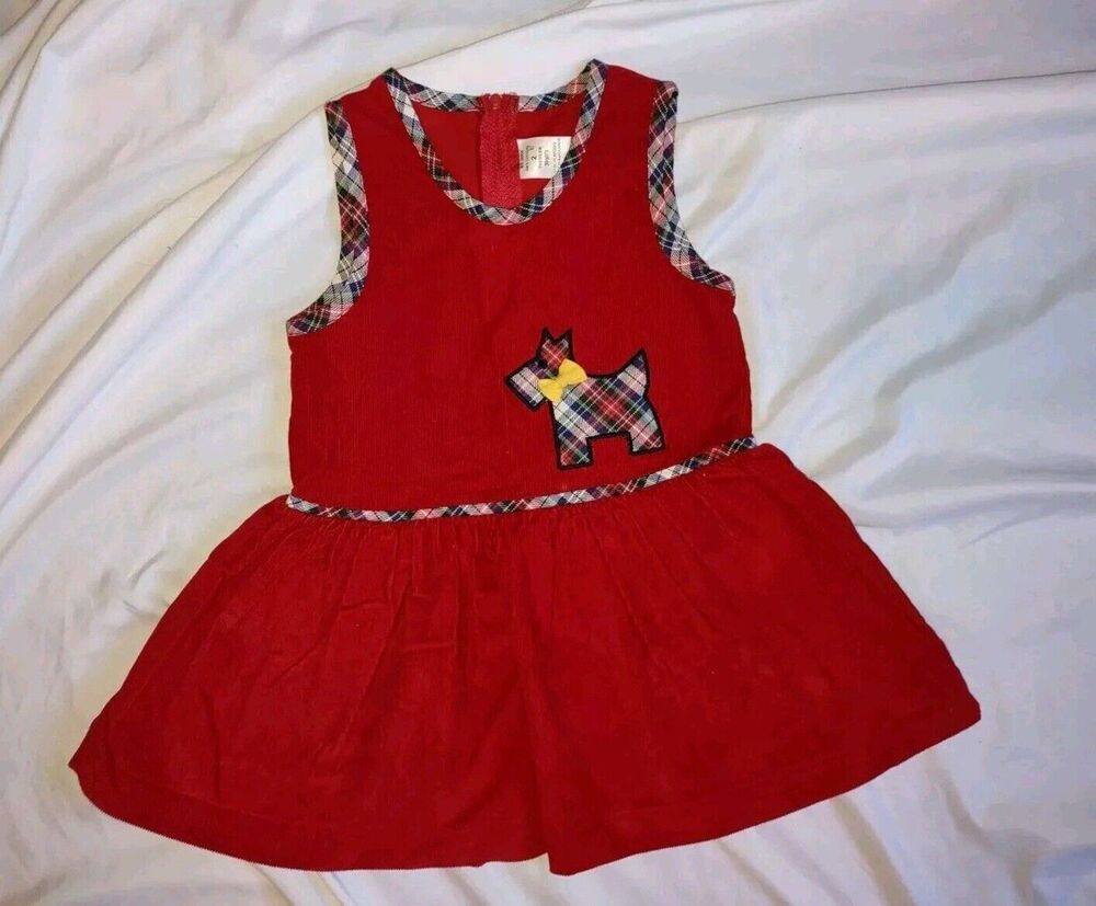 VGUC 2T Vintage Scottie Dog Jumper Dress Red & Plaid Corduroy Scottish